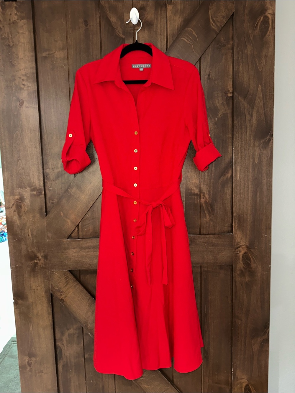 Sharagano Bold Red Button-Front Midi Shirt Dress